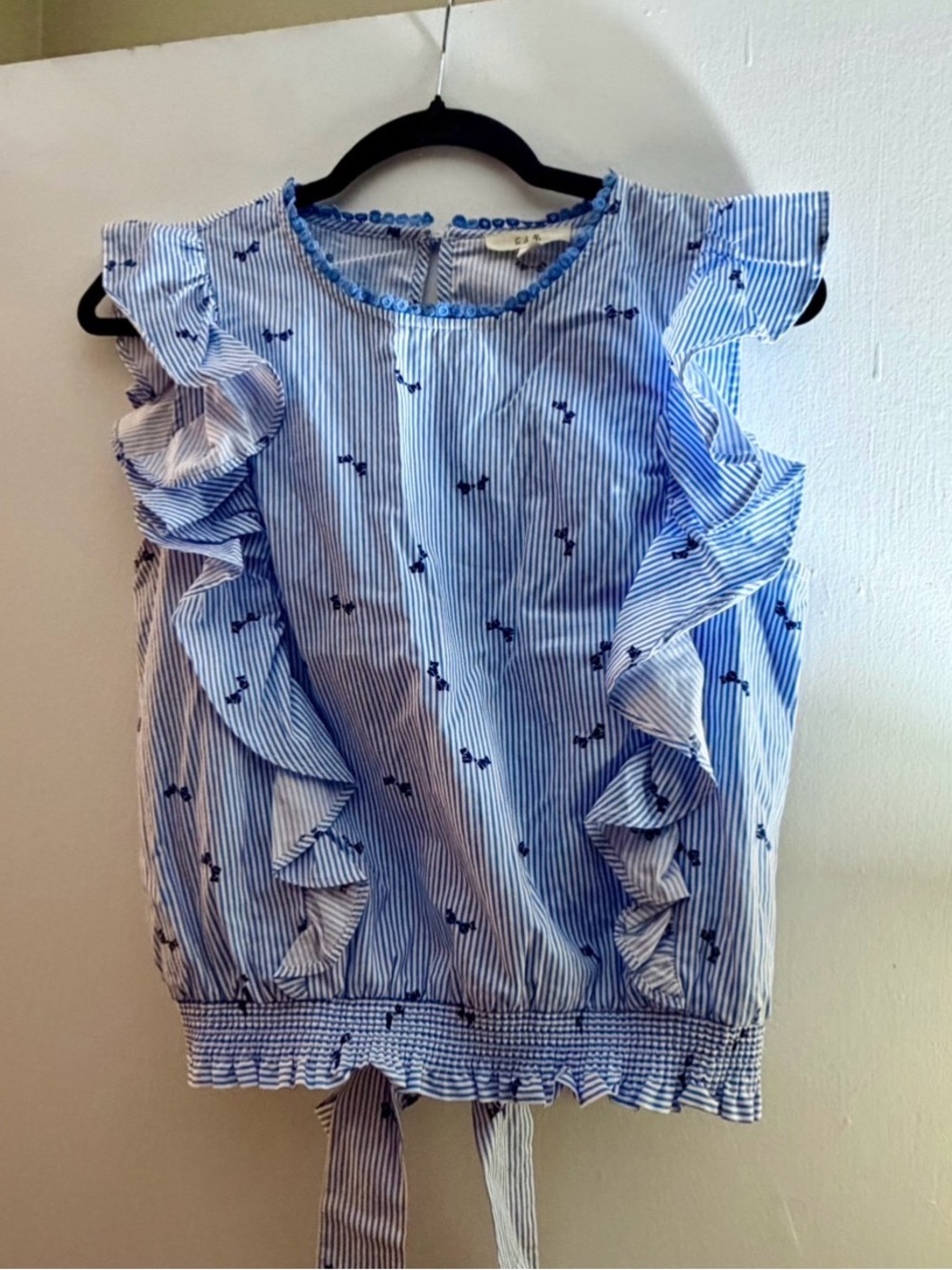 Sleeveless Blue Stripe Ruffle Tie-Back Top